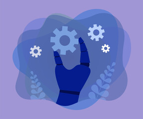 Poster - Robotic hand holding gear. Hand of robot or machine cogwheel flat vector illustration. Technology, automation, artificial intelligence concept for banner, website design or landing web page