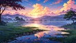 © AlbertBS - Peaceful anime landscape at sunrise with a lake