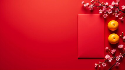 A blank red chinese envelope, two tangerines, and pink flowers on top view, with copy space in left view, chinese new year lunar concept, banner, greeting card