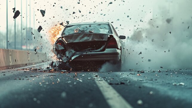 Car accident with fire and debris exploding on highway