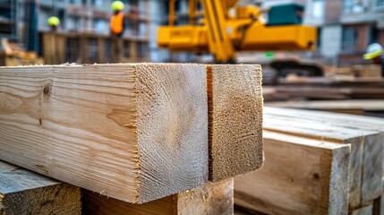 Poster - Stack of wooden beams at construction site with crane in background