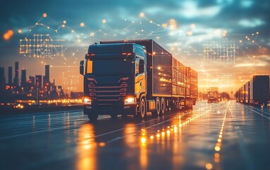 Poster - Global business logistics concept with technology interface, connecting partners worldwide through digital connections, sleek and modern design