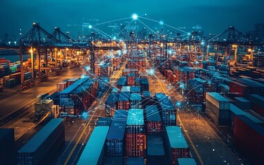 Poster - Global business logistics concept with technology interface, connecting partners worldwide through digital connections, sleek and modern design