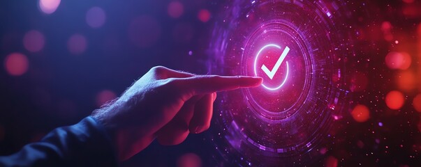 Poster - Mans hand pressing verification check symbol, digital files, documents, and holograms, modern technology background with copy space for text