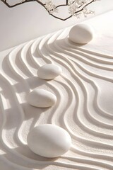 Poster - A serene arrangement of white stones on raked sand, creating a calming aesthetic.