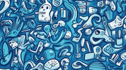 Poster - Colorful Abstract Art with Playful Shapes and Patterns in Blue Background