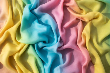 Gradient yellow blue pink and green fabric wavy crumpled background texture.