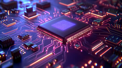 Poster - Close-up of a glowing computer processor on a circuit board.