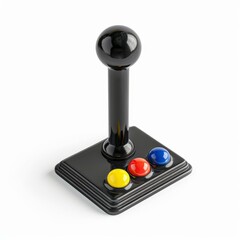 Poster - Black retro joystick with colorful buttons standing on white background, representing gaming and nostalgia
