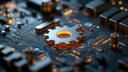 Poster - Close-up of metallic gear on circuit board.