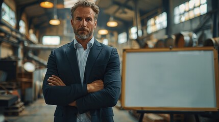 Poster - A man in a suit stands next to a whiteboard and gives a speech in a factory office.