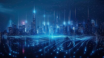 Poster - Simple form of sound waves forming from neon blue glowing dots in the dark night sky in the city skyline.