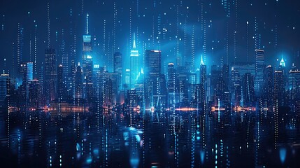 Poster - Simple form of sound waves forming from neon blue glowing dots in the dark night sky in the city skyline.