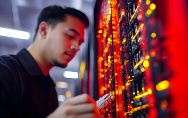 Poster - A technician working on a server rack with illuminated components.