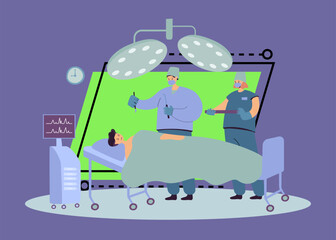 Wall Mural - Experienced surgeons team treating patient on operation table flat vector illustration. Cartoon medical workers working in operation room. Medicine and technology concept