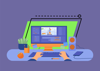 Aufkleber - Computer and monitor of graphic animator creating video game, modeling motion, processing video file, using professional editor. Vector illustration for graphic design, art, designer workplace concept