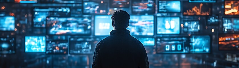 Poster - Back view of a man exploring 3D cyberspace, surrounded by floating animated interfaces of online games, social networks, videos, and news content