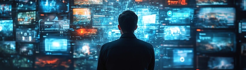 Poster - Back view of a man exploring 3D cyberspace, surrounded by floating animated interfaces of online games, social networks, videos, and news content