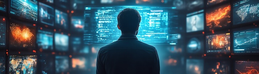 Poster - Back view of a man exploring 3D cyberspace, surrounded by floating animated interfaces of online games, social networks, videos, and news content