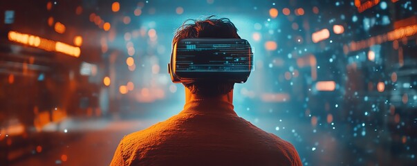 Poster - Back view of a man in cyberspace, engaging with animated digital interfaces of online video games, social networks, and entertainment content in 3D environment