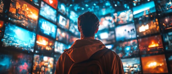 Poster - Back view of a man navigating 3D cyberspace, animated interfaces of social media, games, videos, and news, representing entertainment and internet surfing