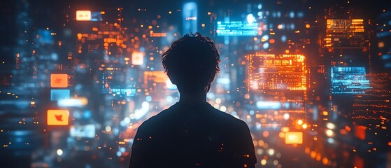 Poster - Back view of a man navigating 3D cyberspace, animated interfaces of social media, games, videos, and news, representing entertainment and internet surfing