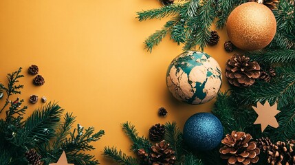 Poster - Christmas ornaments and fir tree branches forming a frame on yellow background