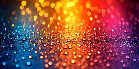 Poster - Colorful water droplets on a vibrant surface with bokeh lights.