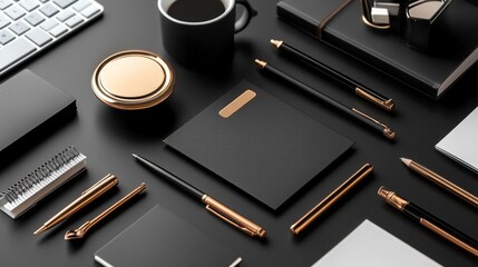 Poster - A black and gold office desk with a variety of pens, a cup, and a notebook