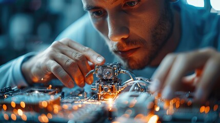 Leinwandbilder - A man participating in a robotics workshop, assembling a small robot.