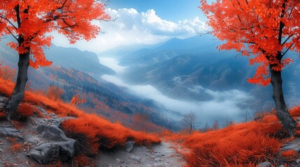 Poster - Autumn, mountains, red maple leaves.