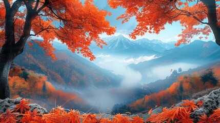 Poster - Autumn, mountains, red maple leaves.