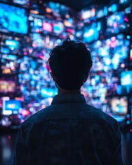 Poster - Man in 3D cyberspace, back view, surrounded by animated interfaces of social media, video content, games, and news, surfing the internet and entertainment networks