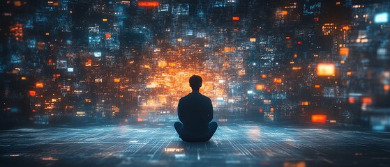 Poster - Man in a 3D digital world, back view, with animated interfaces of social media, video games, news, and entertainment content, immersed in cyberspace