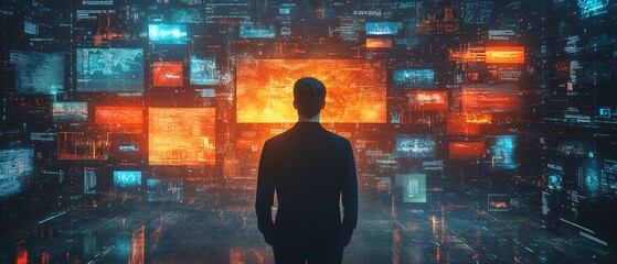 Poster - Man in a 3D digital world, back view, with animated interfaces of social media, video games, news, and entertainment content, immersed in cyberspace