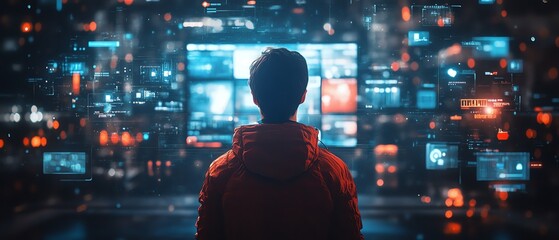 Poster - Man in a 3D digital world, back view, with animated interfaces of social media, video games, news, and entertainment content, immersed in cyberspace