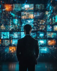Poster - Man in the back view, immersed in 3D cyberspace, with animated overlays of social networks, online games, news, and videos, surfing entertainment platforms