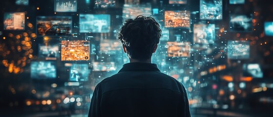 Poster - Man in a 3D digital world, back view, with animated interfaces of social media, video games, news, and entertainment content, immersed in cyberspace