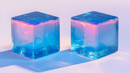 Wall Mural - Two iridescent blue ice cubes on a light surface.