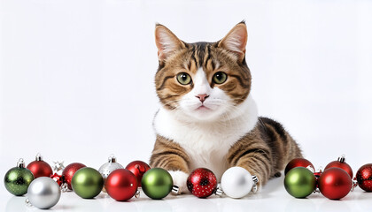 Wall Mural - cat laying on the table with christmas baubles