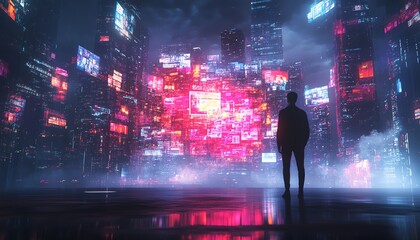 Poster - 3D cyberspace with a man in the back view, interacting with animated interfaces of social networks, video games, and entertainment content, digital world experience