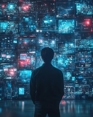 Poster - 3D cyberspace with a man s back view, animated interfaces displaying social networks, online games, videos, and news, surfing entertainment networks
