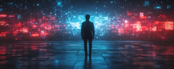 Poster - 3D cyberspace with a man s back view, exploring digital content through animated interfaces of social networks, online games, and entertainment, virtual surfing experience