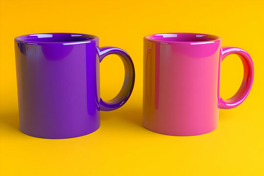 Two mugs, purple and pink, on yellow background.