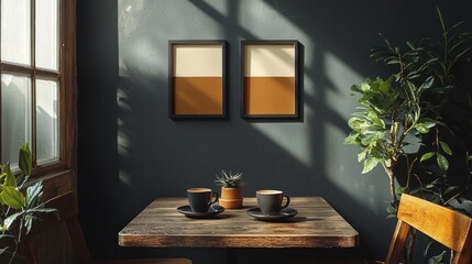 Poster - A table with two cups and two potted plants