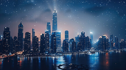 Aufkleber - A city skyline at night.