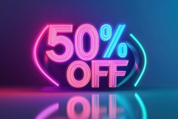 Bright neon sign displaying fifty percent off discount against a vibrant, colorful background in a modern style