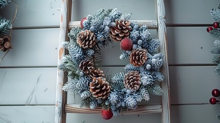 Aufkleber - A wooden ladder with a holiday wreath, minimalist Christmas decor.