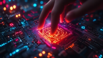 Poster - Businessman s hand interacting with AI circuit board, glowing PCB symbol in cyberpunk neon lighting, futuristic technology and cyberspace aesthetic