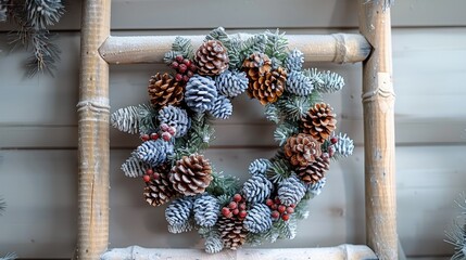 Aufkleber - A wooden ladder with a holiday wreath, minimalist Christmas decor.